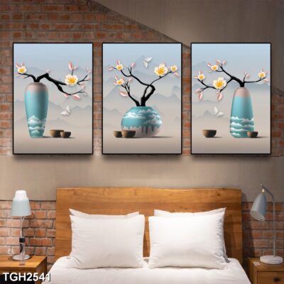Bộ 3 tranh tráng gương hiện đại, bình hoa trang trí phòng khách, phòng bếp, khách sạn
