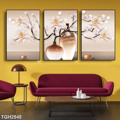 Bộ 3 tranh tráng gương hiện đại, bình hoa trang trí phòng khách, phòng bếp, khách sạn