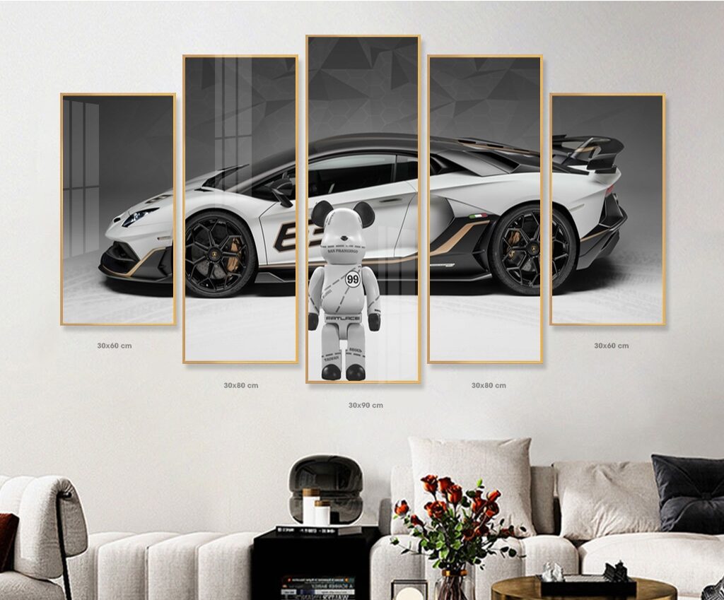 Bộ 5 tranh gấu bearbrick treo tường tráng gương Sang Trọng Hiện Đại