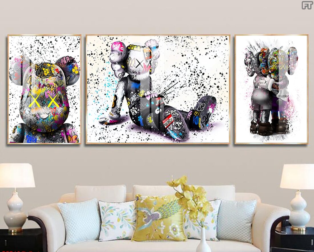 Bộ 3 tranh tráng gương gấu bearbrick Sang Trọng Hiện Đại