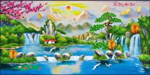 Tranh treo tường thác nước phong thủy, sơn thủy hữu tình trang trí phòng khách, quà tặng tân gia