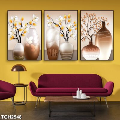Bộ 3 tranh tráng gương hiện đại, bình hoa trang trí phòng khách, phòng bếp, khách sạn