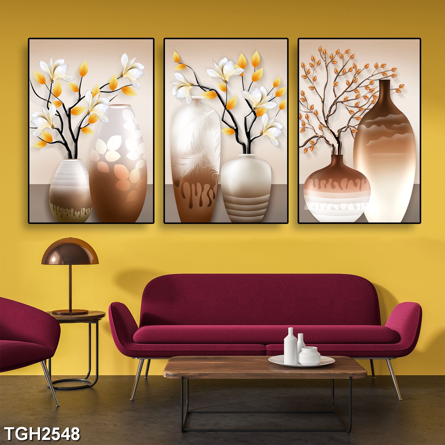 Bộ 3 tranh tráng gương hiện đại, bình hoa trang trí phòng khách, phòng bếp, khách sạn