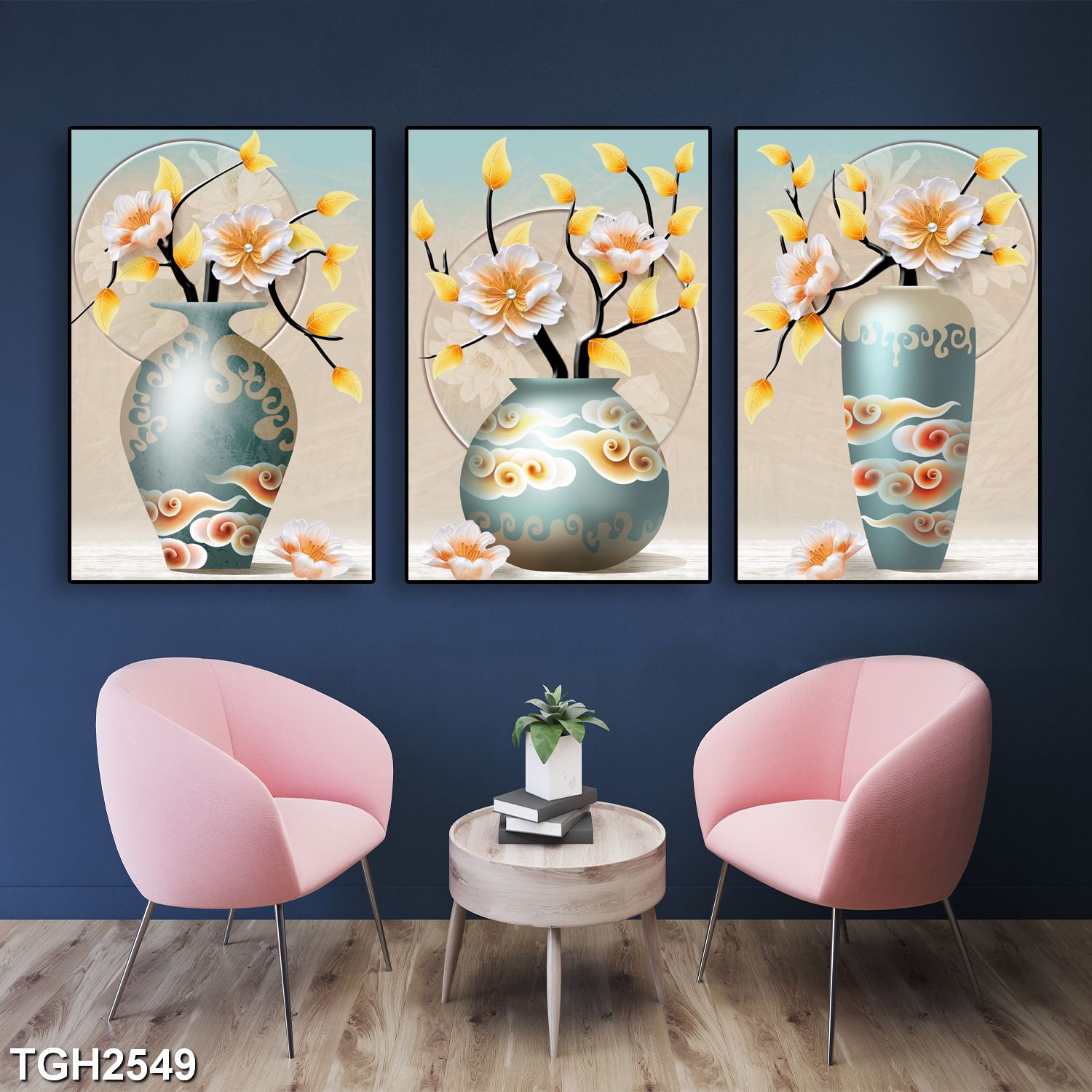 Bộ 3 tranh tráng gương hiện đại, bình hoa trang trí phòng khách, phòng bếp, khách sạn