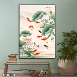 Tranh treo tường hoa sen cá koi, cá chép trang trí phòng khách, quà tặng tân gia