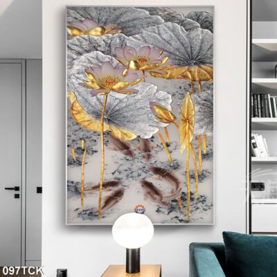 Tranh treo tường hoa sen cá koi, cá chép trang trí phòng khách, quà tặng tân gia