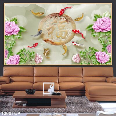 Tranh treo tường hoa sen cá koi, cá chép trang trí phòng khách, quà tặng tân gia