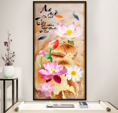 Tranh treo tường hoa sen cá koi, cá chép trang trí phòng khách, quà tặng tân gia