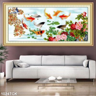 Tranh treo tường hoa sen cá koi, cá chép trang trí phòng khách, quà tặng tân gia
