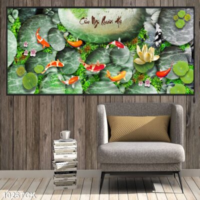 Tranh treo tường hoa sen cá koi, cá chép trang trí phòng khách, quà tặng tân gia