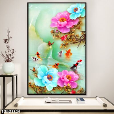 Tranh treo tường hoa sen cá koi, cá chép trang trí phòng khách, quà tặng tân gia