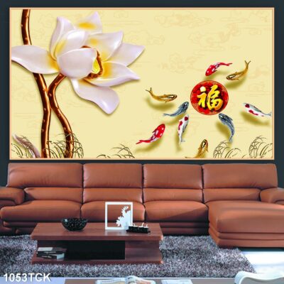 Tranh treo tường hoa sen cá koi, cá chép trang trí phòng khách, quà tặng tân gia