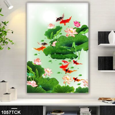 Tranh treo tường hoa sen cá koi, cá chép trang trí phòng khách, quà tặng tân gia