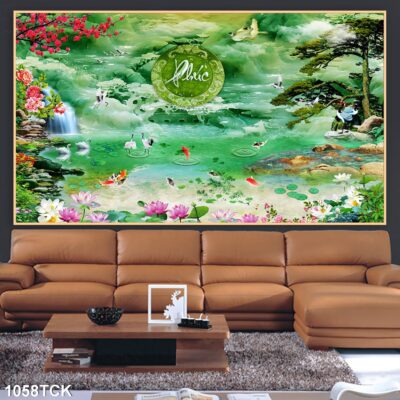 Tranh treo tường hoa sen cá koi, cá chép trang trí phòng khách, quà tặng tân gia