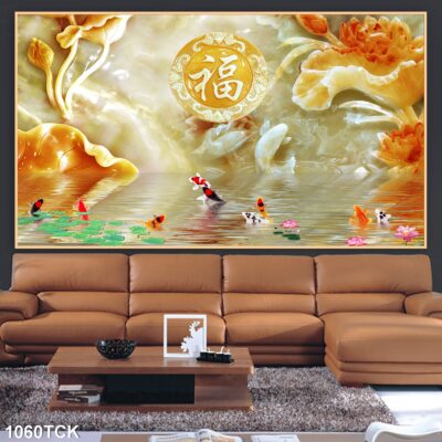 Tranh treo tường hoa sen cá koi, cá chép trang trí phòng khách, quà tặng tân gia
