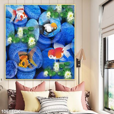 Tranh treo tường hoa sen cá koi, cá chép trang trí phòng khách, quà tặng tân gia