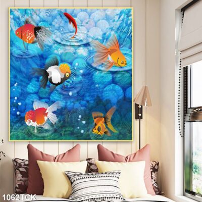 Tranh treo tường hoa sen cá koi, cá chép trang trí phòng khách, quà tặng tân gia