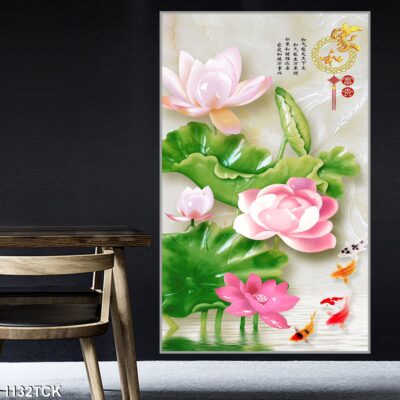 Tranh treo tường hoa sen cá koi, cá chép trang trí phòng khách, quà tặng tân gia
