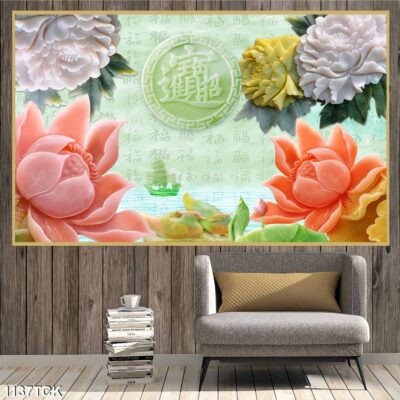 Tranh treo tường hoa sen cá koi, cá chép trang trí phòng khách, quà tặng tân gia