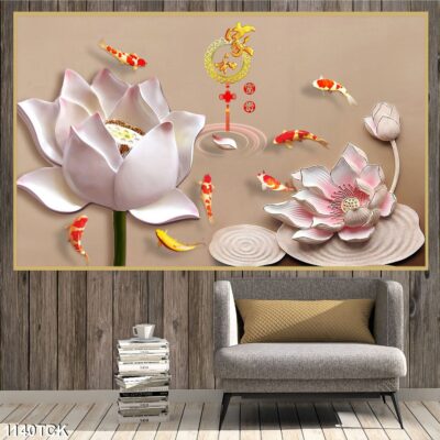 Tranh treo tường hoa sen cá koi, cá chép trang trí phòng khách, quà tặng tân gia