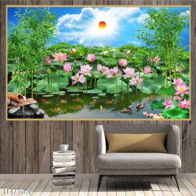 Tranh treo tường hoa sen cá koi, cá chép trang trí phòng khách, quà tặng tân gia