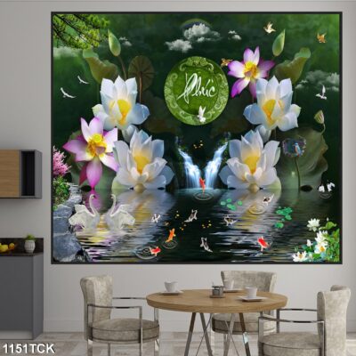 Tranh treo tường hoa sen cá koi, cá chép trang trí phòng khách, quà tặng tân gia