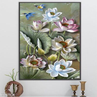 Tranh treo tường hoa sen cá koi, cá chép trang trí phòng khách, quà tặng tân gia