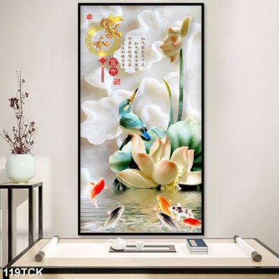 Tranh treo tường hoa sen cá koi, cá chép trang trí phòng khách, quà tặng tân gia