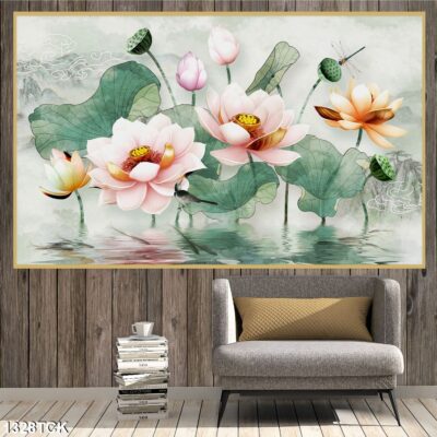 Tranh treo tường hoa sen cá koi, cá chép trang trí phòng khách, quà tặng tân gia