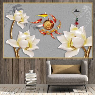 Tranh treo tường hoa sen cá koi, cá chép trang trí phòng khách, quà tặng tân gia