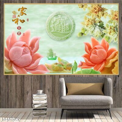 Tranh treo tường hoa sen cá koi, cá chép trang trí phòng khách, quà tặng tân gia
