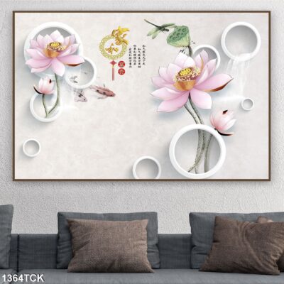 Tranh treo tường hoa sen cá koi, cá chép trang trí phòng khách, quà tặng tân gia