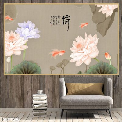 Tranh treo tường hoa sen cá koi, cá chép trang trí phòng khách, quà tặng tân gia