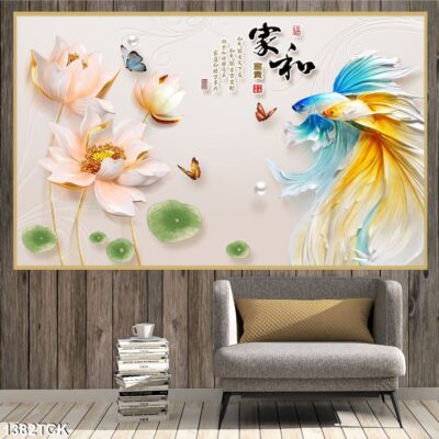 Tranh treo tường hoa sen cá koi, cá chép trang trí phòng khách, quà tặng tân gia