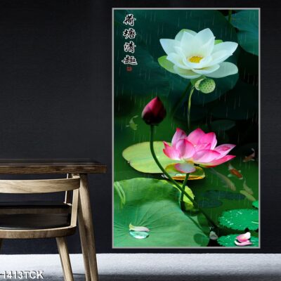 Tranh treo tường hoa sen cá koi, cá chép trang trí phòng khách, quà tặng tân gia