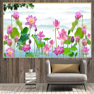 Tranh treo tường hoa sen cá koi, cá chép trang trí phòng khách, quà tặng tân gia