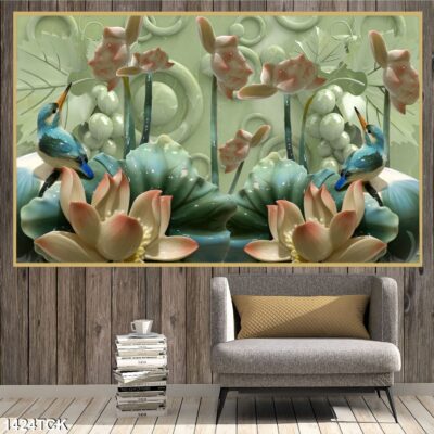 Tranh treo tường hoa sen cá koi, cá chép trang trí phòng khách, quà tặng tân gia