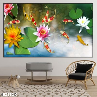 Tranh treo tường hoa sen cá koi, cá chép trang trí phòng khách, quà tặng tân gia