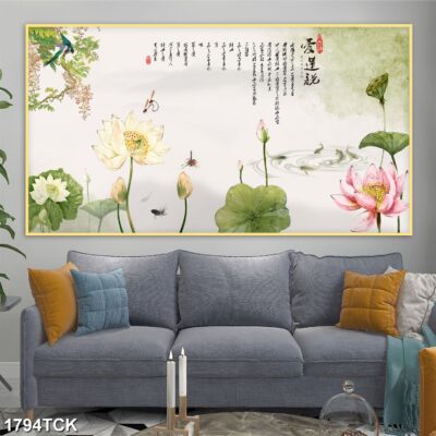 Tranh treo tường hoa sen cá koi, cá chép trang trí phòng khách, quà tặng tân gia