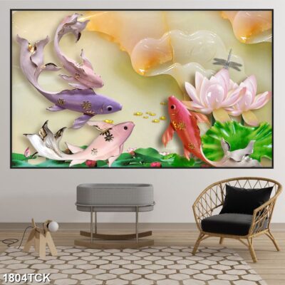 Tranh treo tường hoa sen cá koi, cá chép trang trí phòng khách, quà tặng tân gia