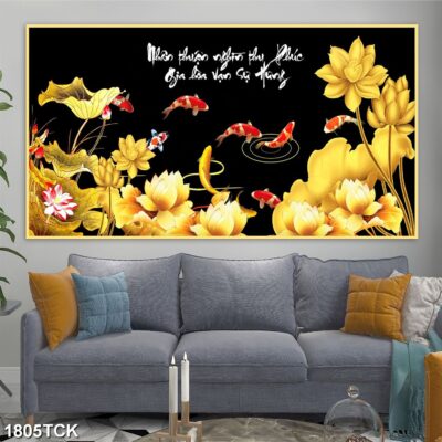 Tranh treo tường hoa sen cá koi, cá chép trang trí phòng khách, quà tặng tân gia