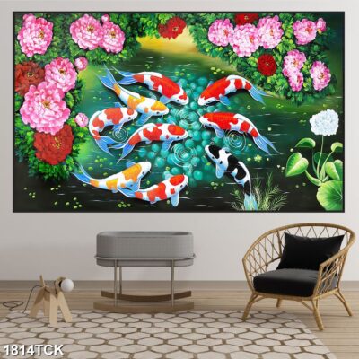 Tranh treo tường hoa sen cá koi, cá chép trang trí phòng khách, quà tặng tân gia