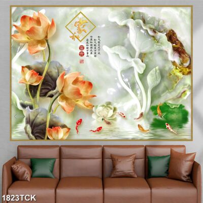 Tranh treo tường hoa sen cá koi, cá chép trang trí phòng khách, quà tặng tân gia