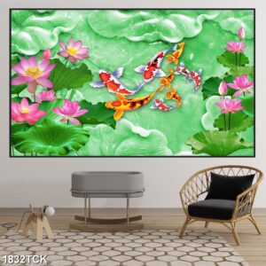 Tranh treo tường hoa sen cá koi, cá chép trang trí phòng khách, quà tặng tân gia