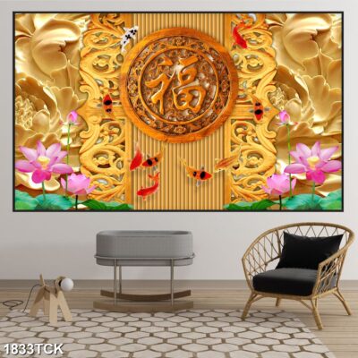 Tranh treo tường hoa sen cá koi, cá chép trang trí phòng khách, quà tặng tân gia