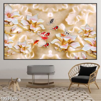 Tranh treo tường hoa sen cá koi, cá chép trang trí phòng khách, quà tặng tân gia