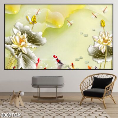 Tranh treo tường hoa sen cá koi, cá chép trang trí phòng khách, quà tặng tân gia