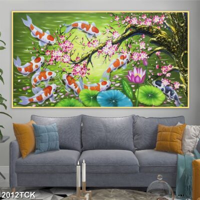 Tranh treo tường hoa sen cá koi, cá chép trang trí phòng khách, quà tặng tân gia