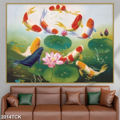 Tranh treo tường hoa sen cá koi, cá chép trang trí phòng khách, quà tặng tân gia