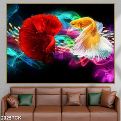 Tranh treo tường hoa sen cá koi, cá chép trang trí phòng khách, quà tặng tân gia